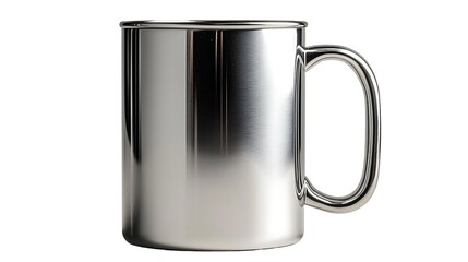 A shiny stainless steel coffee mug with minimal design, spotlighted, isolated on white background