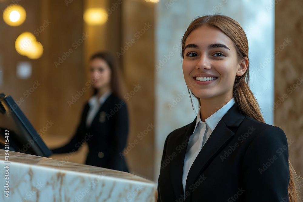 Poster happy receptionists cooperating while working on computer at hotel front desk, generative ai image