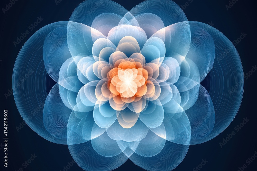 Poster an intricate digital artwork featuring a stylized flower with translucent petals in shades of blue a