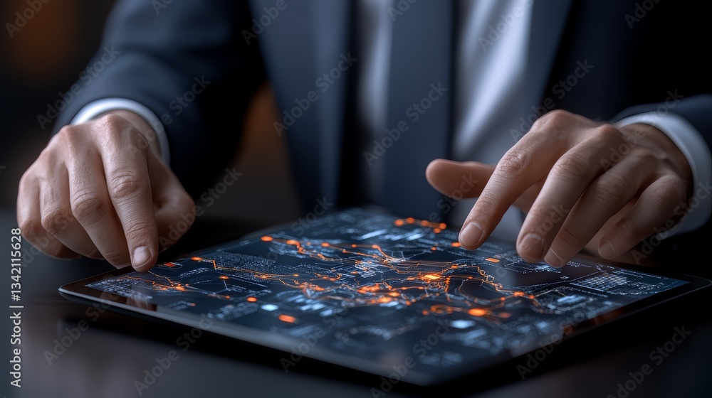 Poster Man is using a tablet to point at a map. The tablet is displaying a map of the world with a red dot on it. The man is using his finger to point at the dot, which is located in the middle of the map
