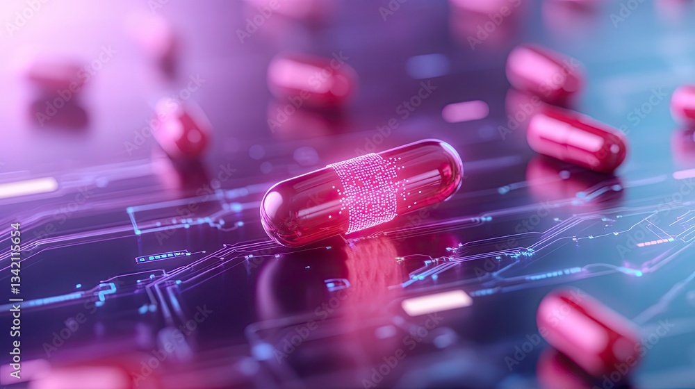 Poster close-up of a single red capsule resting on a circuit board, surrounded by other capsules; glowing p