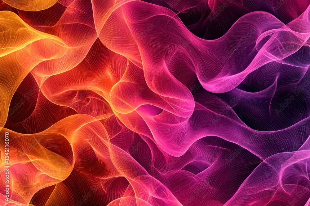 Poster abstract glowing wave pattern with vibrant colors blending from warm orange to deep pink, creating a