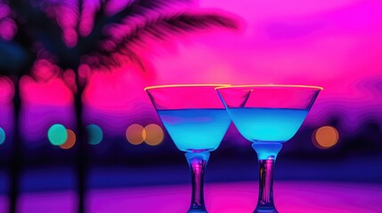 Vibrant Sunset Cocktail Scene with Neon Colors and Palm Silhouette Reflections