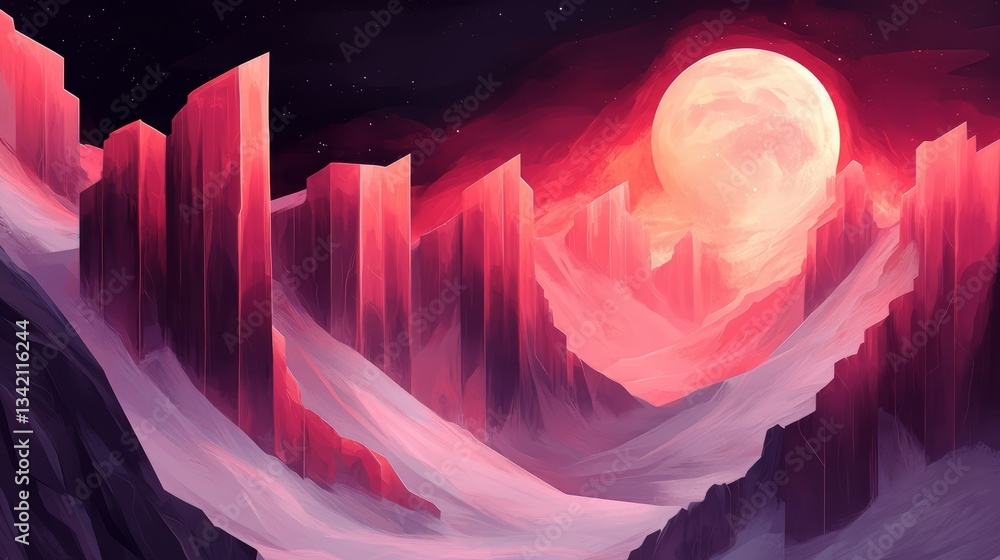 Aufkleber mountain range with a red moon in the sky. the sky is dark and the mountains are covered in snow
