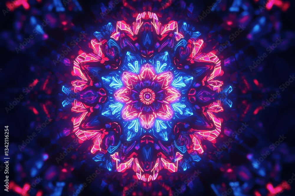 Poster a futuristic neon kaleidoscope pattern with intricate geometric designs in red and blue, creating a 
