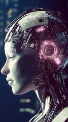 Futuristic Robot Head with Advanced Technology and Neon Lights