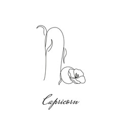 Capricorn constellation zodiac sign with flower. Astrology icon with floral Capricorn zodiac sign, boho horoscope symbol for print, logo. Vector illustration