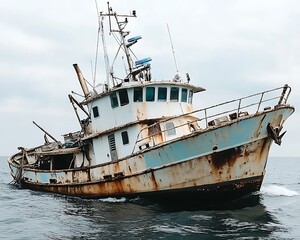 An abandoned and weathered fishing boat rests upon the ocean water