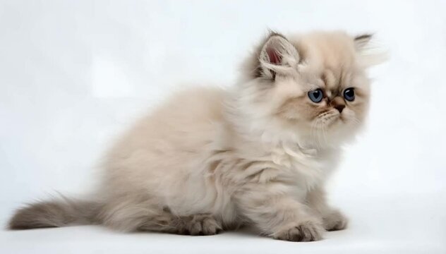 Gato persa fluffy kitten with blue eyes sitting on a white background	