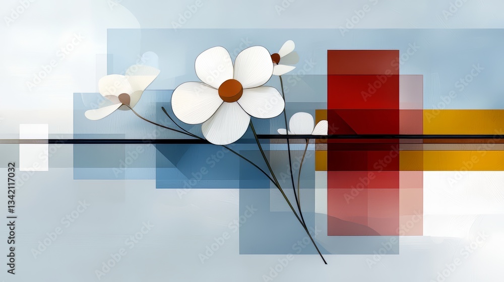 Poster painting of a flower with a red and blue background. the flower is white and has a red center. the p
