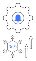 Gear with notification bell inside, decentralized finance network with cubes and DeFi text, two upward arrows. Ideal for fintech, blockchain, DeFi, technology growth, innovation, profit automation