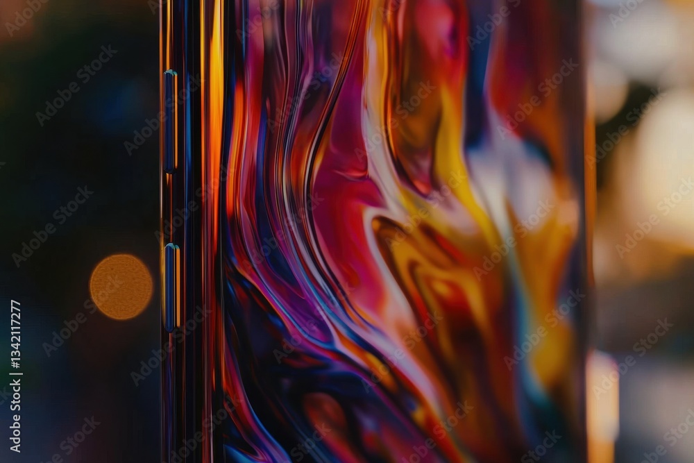 Poster close up of a smartphone with a vibrant, abstract multicolored design on its screen, creating a mode