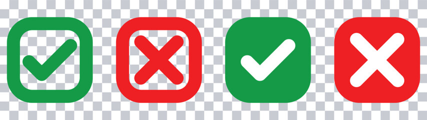 Check and Cross Icons Set &ndash; Green Check Marks & Red X Symbols with Boxes on Transparent Background.