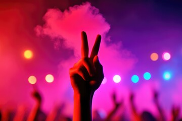 Vibrant Concert Scene with Peace Hand Gesture Amid Colorful Lights and Smoke