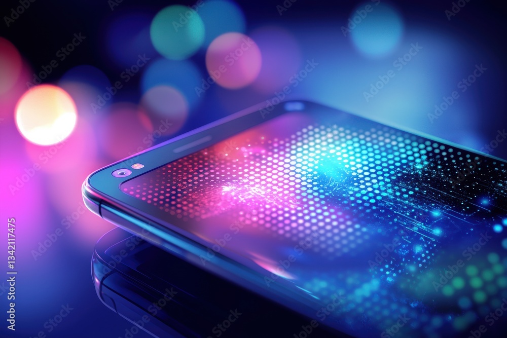 Poster a close-up of a smartphone displaying a vibrant, colorful digital pattern with bokeh lights, emphasi