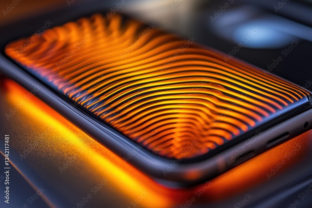 Poster a close-up of a smartphone with a vibrant, wavy, orange and black pattern on the screen, creating a 