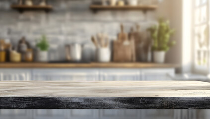 Rustic Kitchen Tabletop Mockup Wooden Surface with Blurred Background