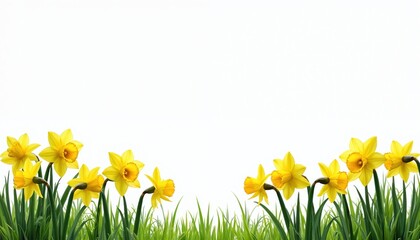 Obraz premium Daffodil flowers on white background with green grass. Yellow narcissus blooms in garden. Spring floral background for Easter holiday greeting card or poster. Sunny day, sun beam, nature beauty.