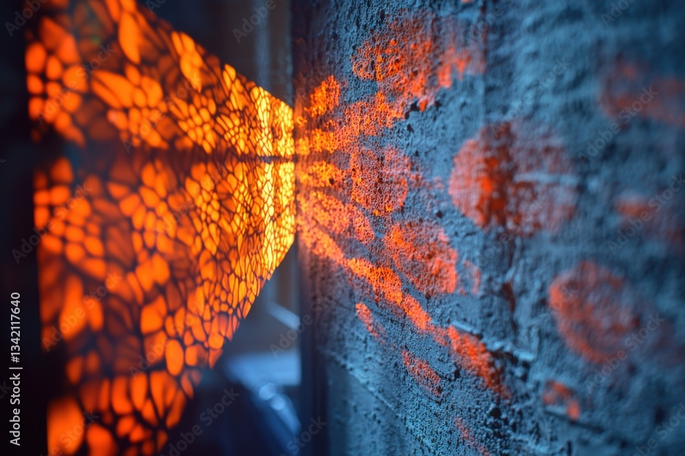 Poster abstract interplay: a mosaic of orange light and shadow cast on a textured grey surface, creating a 