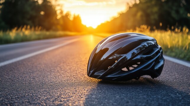 Sleek black cycling helmet on an open road, golden sunset glow, long empty road stretching into the distance, adventure and endurance