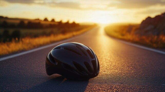Sleek black cycling helmet on an open road, golden sunset glow, long empty road stretching into the distance, adventure and endurance