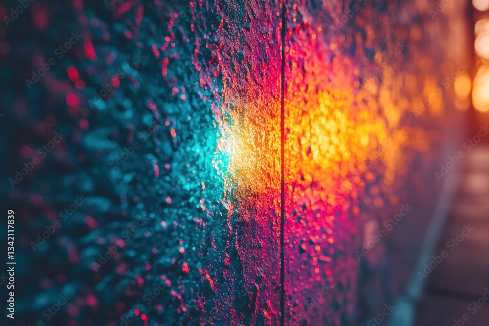 Poster a vivid abstract composition of textured wall with a striking contrast of warm and cool light, creat