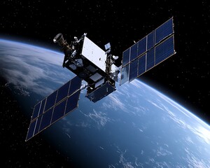 A satellite orbiting Earth with solar panels extending into space