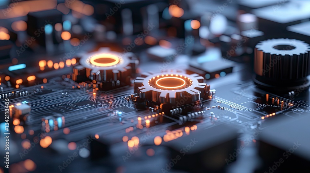 Poster close-up of illuminated gears on a circuit board, representing technology and mechanics.