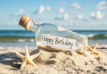 Message in a bottle birthday wish on beach