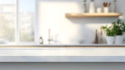 Bright Kitchen Countertop Mockup Clean White Surface & Blurred Background