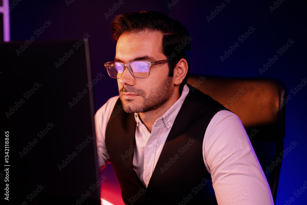 Poster smart businessman remotely working on desk with research target market in service product database s