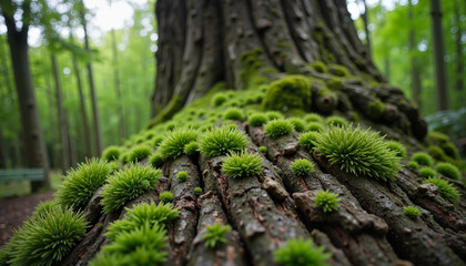 Vibrant green moss thriving on textured tree bark, nature's resilience
