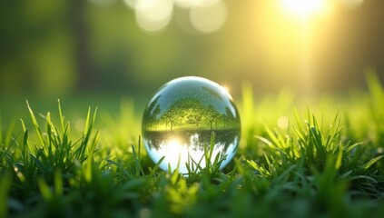 crystal globe nestled in vibrant green grass, dew glistening in the morning sunlight, evoking a sense of environmental harmony