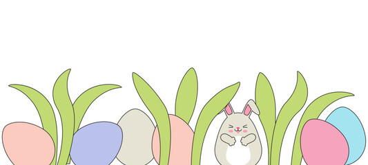 Bunny with colored eggs in the grass - Easter hunt border