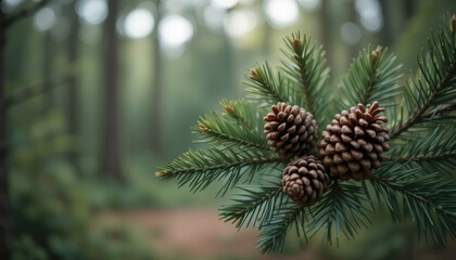 Fototapeta premium Pine Cones on Branch in Forest Ambience for Winter or Christmas