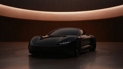 Sleek Black Sports Car in Modern Showroom with Ambient Lighting