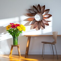 Colorful flowers and artistic decoration adorn a minimalist interior space
