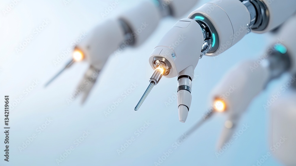 Poster close-up of three robotic arms with illuminated tips, showcasing advanced technology and precision.