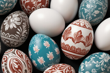 Close-up of intricately painted Easter eggs with traditional patterns in blue, brown, red, white tones. Contrast against dark background highlights richness of designs. For cultural, festive projects