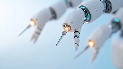 Close-up of three robotic arms with illuminated tips, showcasing advanced technology and precision.
