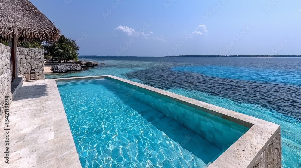 Aufkleber Pool with a beach setting and a blue ocean in the background. The pool is surrounded by a stone wall and has a small island in the middle