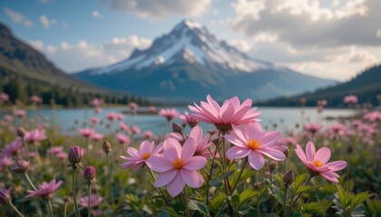 Fototapeta premium Pink Flowers Blooming Near Mountain Lake with Snow-capped Peaks View