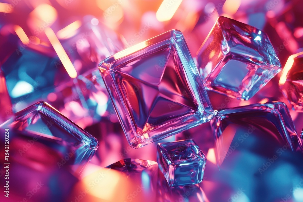 Poster abstract background featuring a cluster of translucent cubes in shades of pink and blue, with light 
