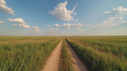Fototapeta premium Serene Dirt Road in Vast Green Field Under Expansive Blue Sky with Clouds