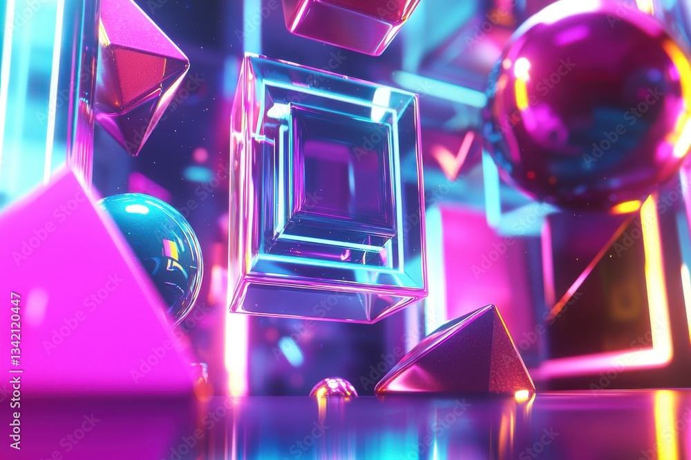 Poster an abstract composition featuring geometric shapes with neon light highlights, creating a futuristic