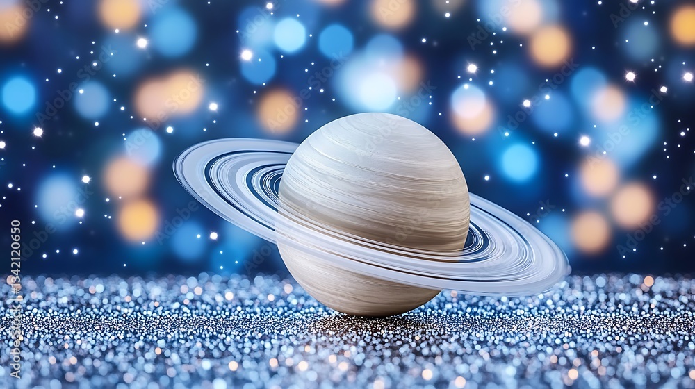 Poster a luminous planet displaying rings floating against a starry backdrop