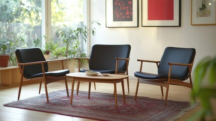 Mid-century modern living room set with dark chairs and coffee table, sunlight streaming through windows