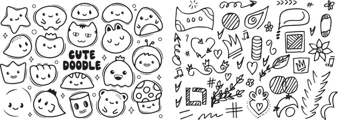 Cute line sketch star, arrow, heart decoration element line art. Hand drawn sketch doodle cute star vector