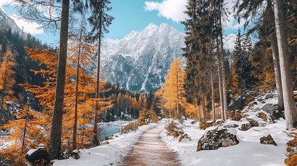 A snowy mountain range frames a path through vibrant autumn trees