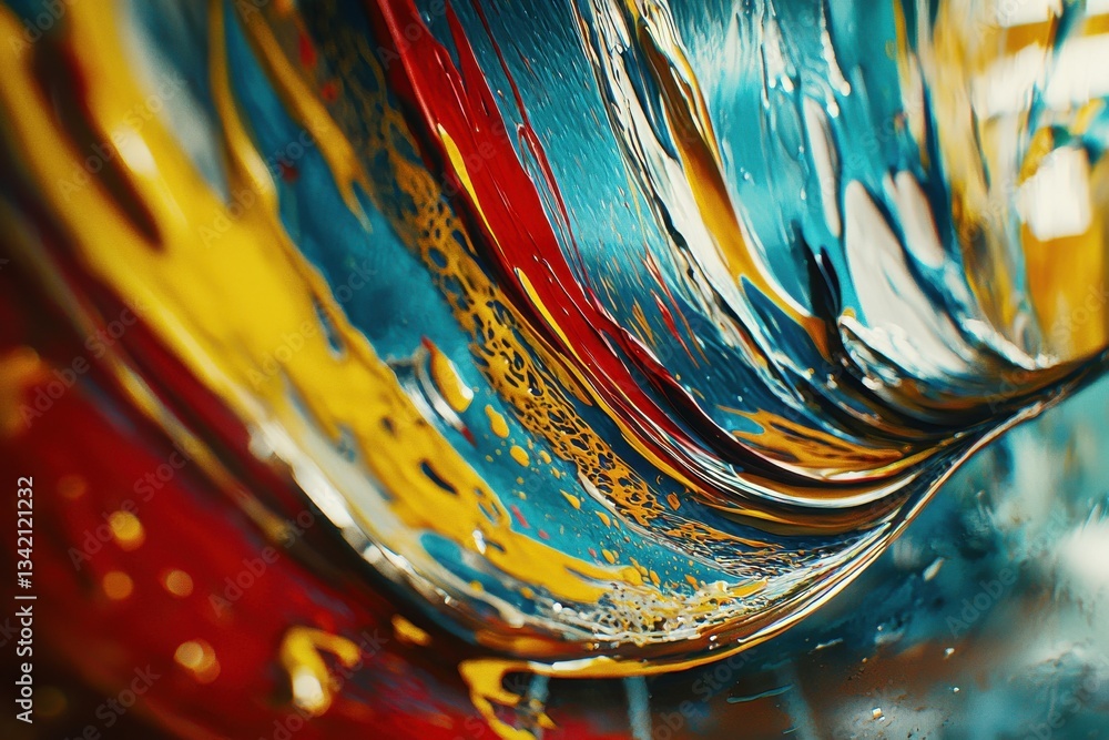 Poster dynamic and vibrant abstract painting featuring swirling streams of red, yellow, and blue, blending 